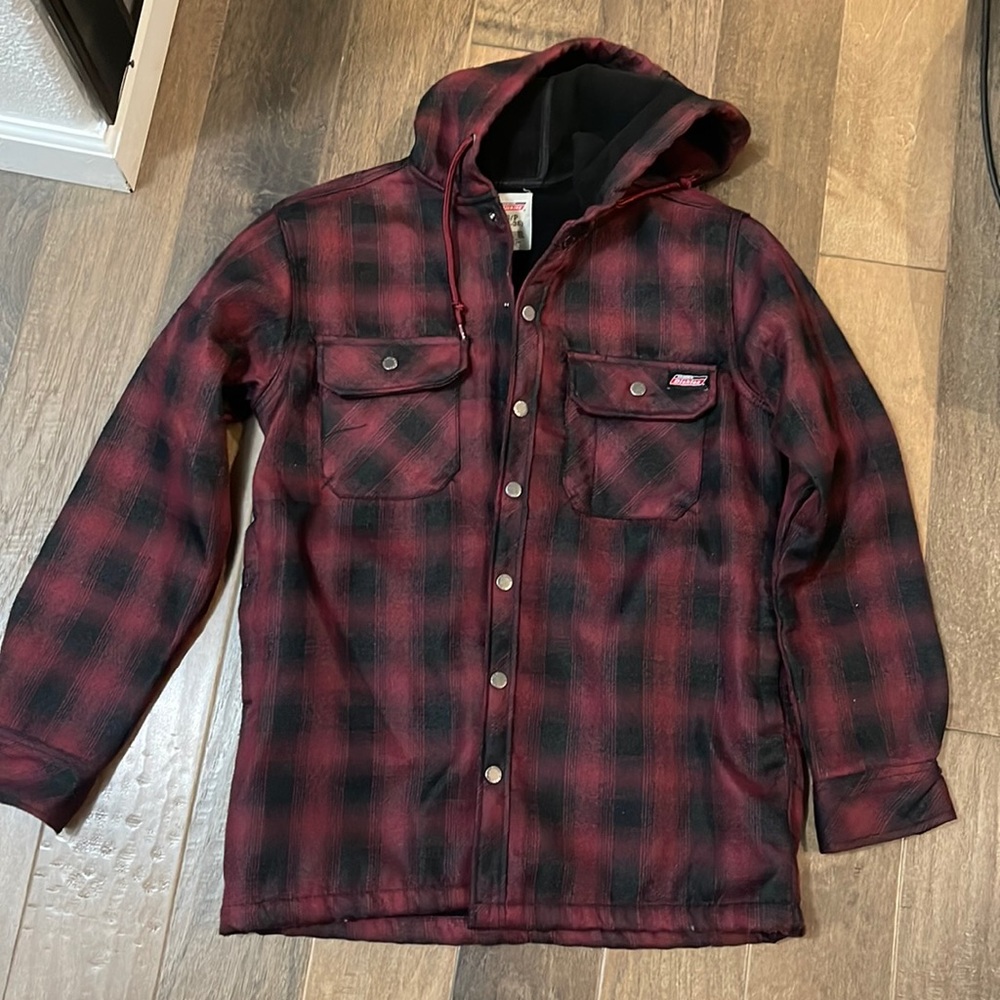 Dickies S Flannel Plaid Hooded fleece Lined Jacket Red Black Fleece Grunge Goth